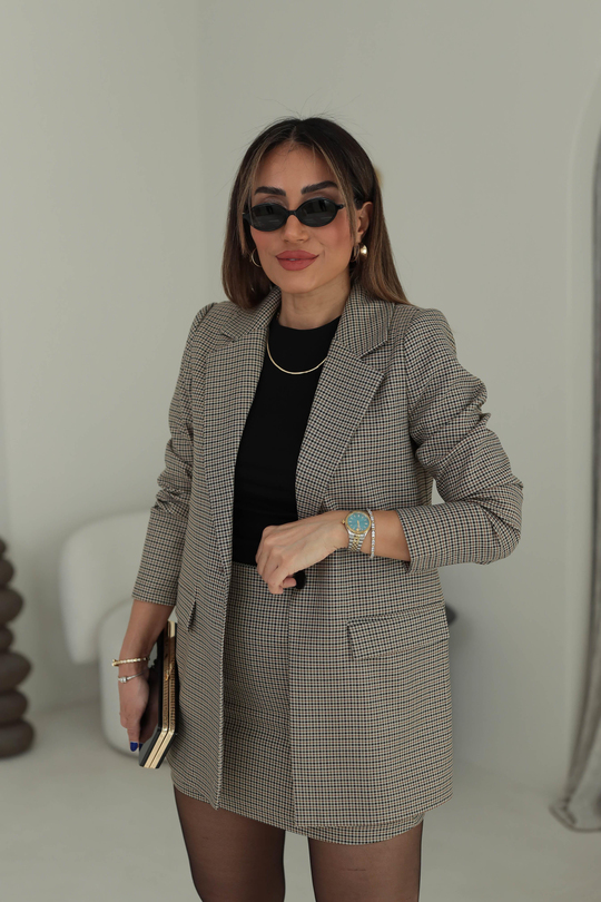 Kazayağı Desenli Blazer Ceket BEJ-KAHVE