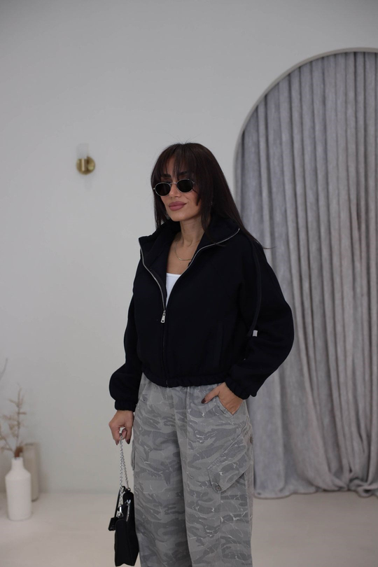2421 Dik Yaka Fermuarlı Reglan Kol 3 İplik Sweatshirt SİYAH