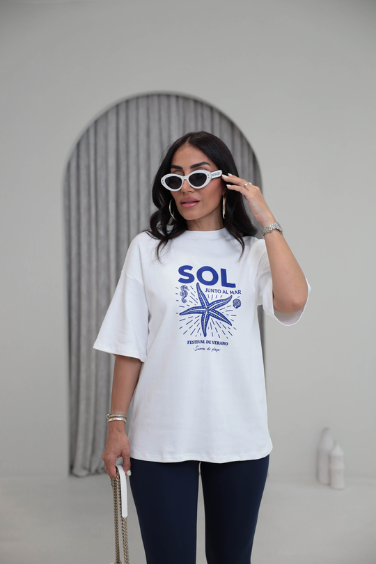 2031 Sol Deniz Yıldızı Desenli Oversize Pamuklu Tshirt EKRU