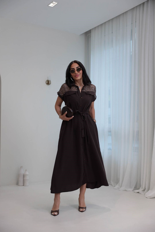 7184 Pul ve File Detaylı Tencel Kumaş Elbise KAHVE