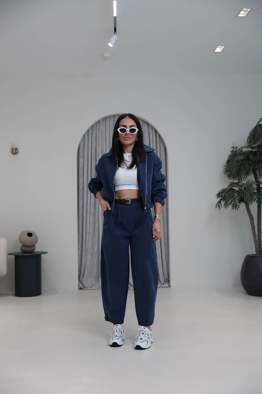 0735 Polo Yaka Bomber Ceketli Tencel Takım LACİVERT