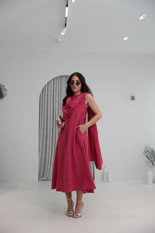 3419 Şal Detaylı Tencel Kumaş Sıfır Kol Elbise FUŞYA