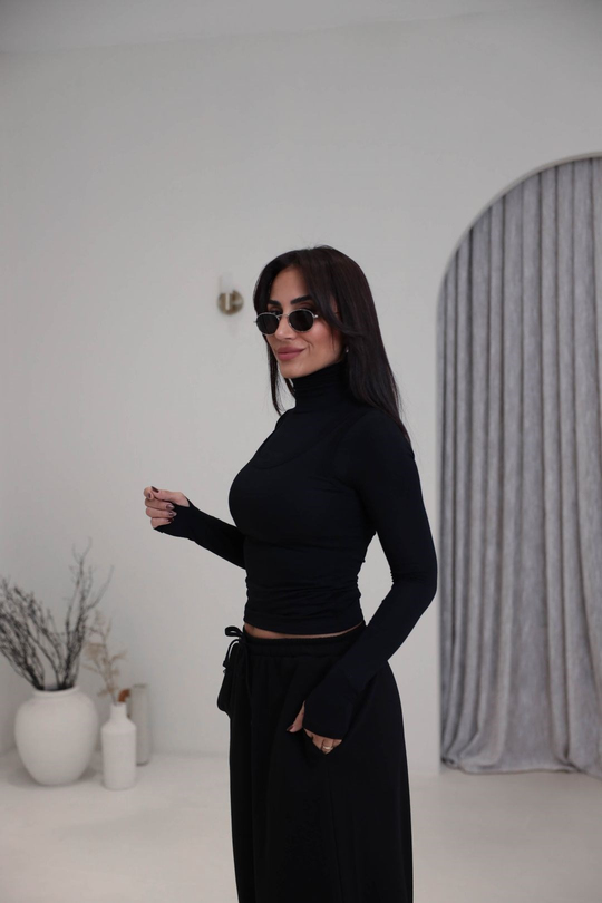 1519 Balıkçı Yaka Atletli Modal İkili Body SİYAH