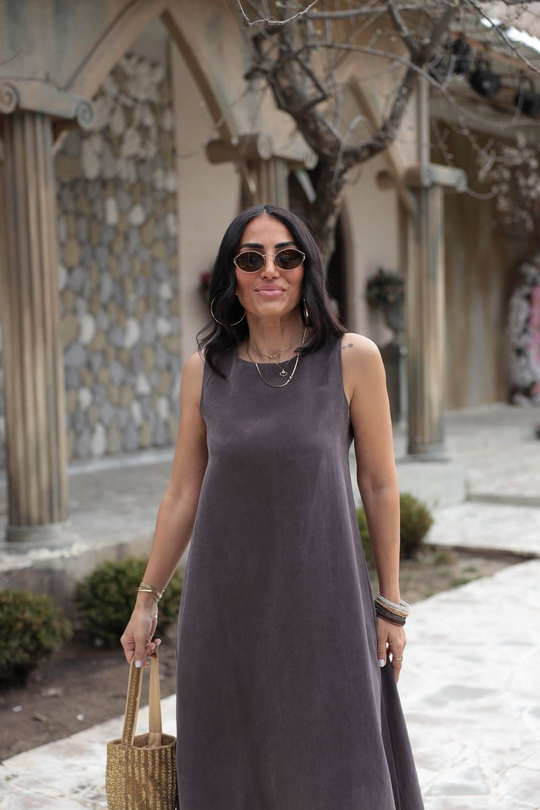 5007 Sıfır Kol Tencel Uzun Elbise MÜRDÜM