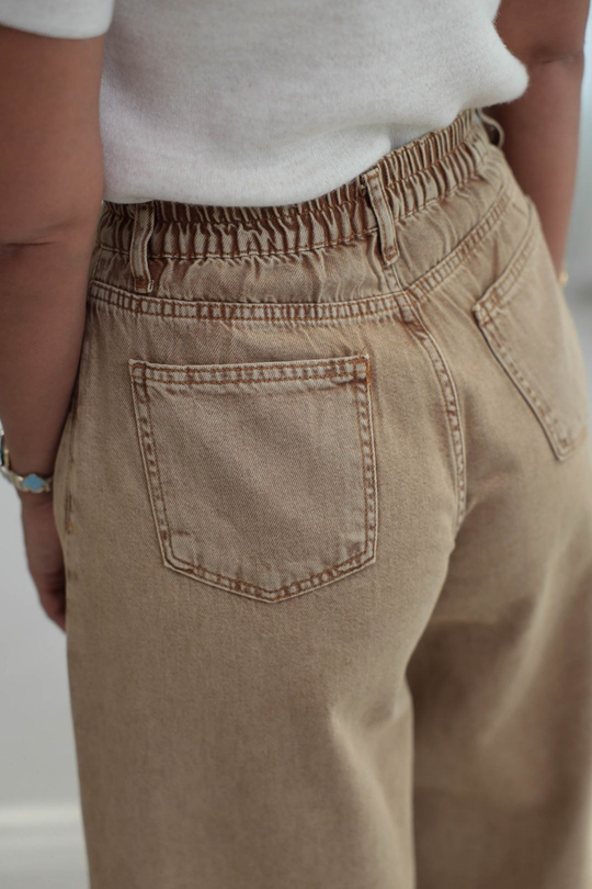 0107 Bel Lastikli Yüksek Bel Rahat Kesim Denim Pantolon CAMEL