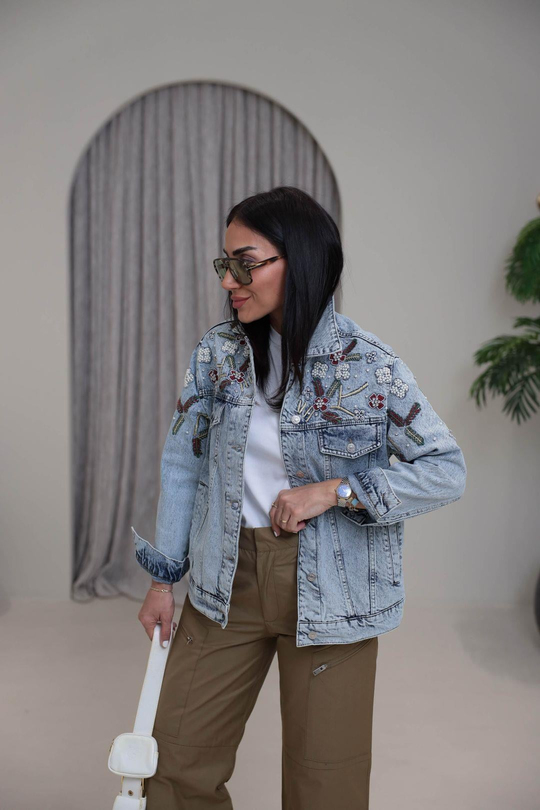 5896 Gömlek Yaka Taşlı İşlemeli Denim Ceket AÇIK MAVİ