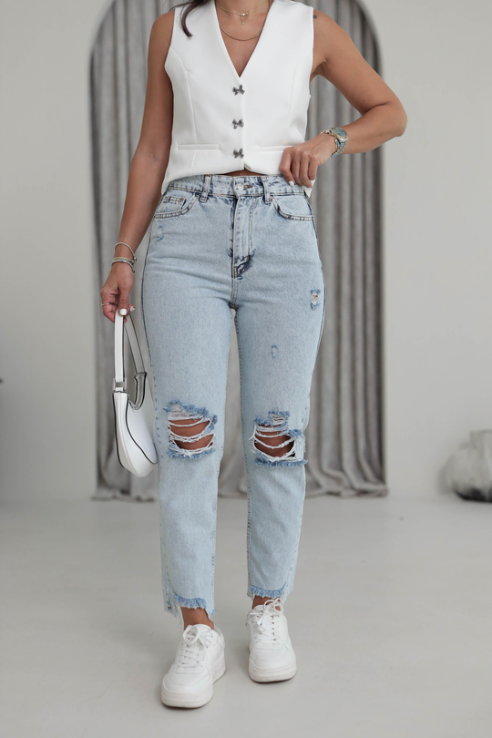 1001 Yırtık Detaylı Mom Jean BUZ MAVİ