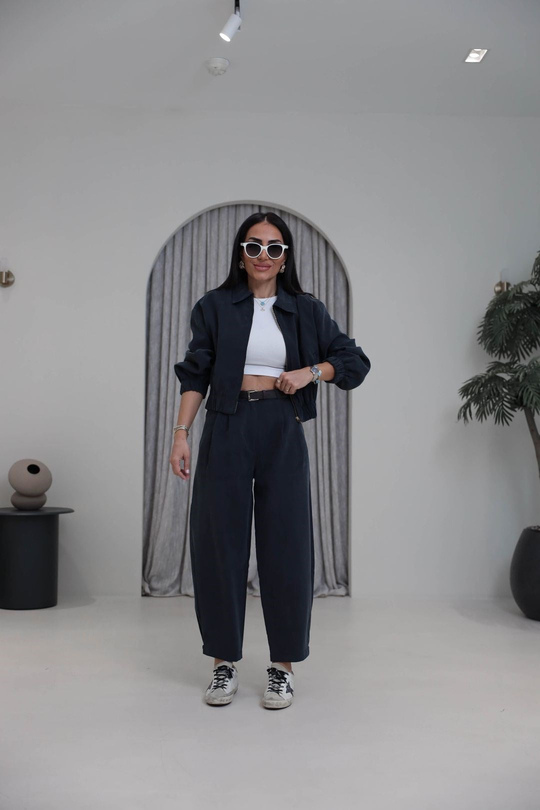 0735 Polo Yaka Bomber Ceketli Tencel Takım ANTRASİT