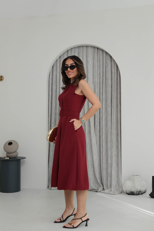 3715 A Kesim Sıfır Kol Kemerli Midi Elbise BORDO