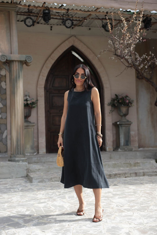 5007 Sıfır Kol Tencel Uzun Elbise FÜME