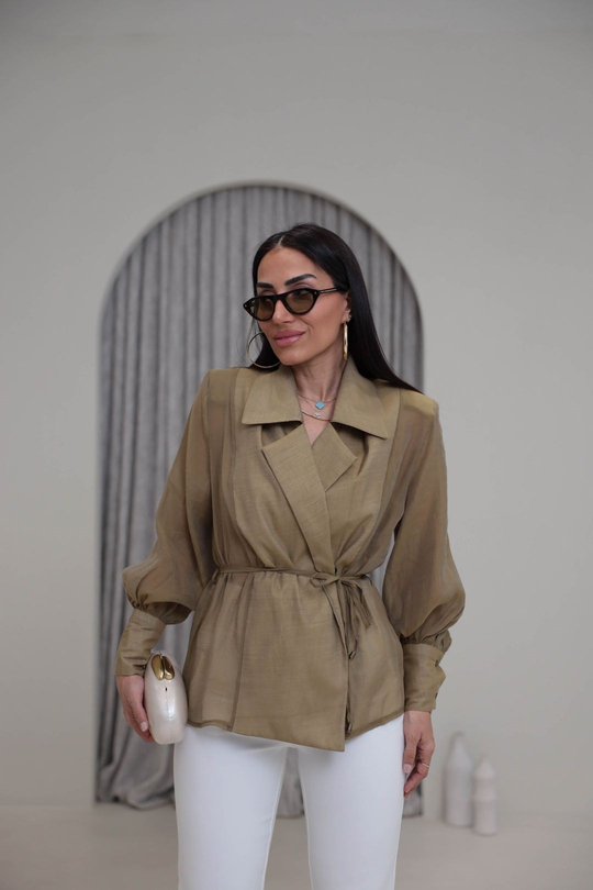 5029 Kruvaze Vatkalı Bağcıklı Tencel Gömlek OLİVE