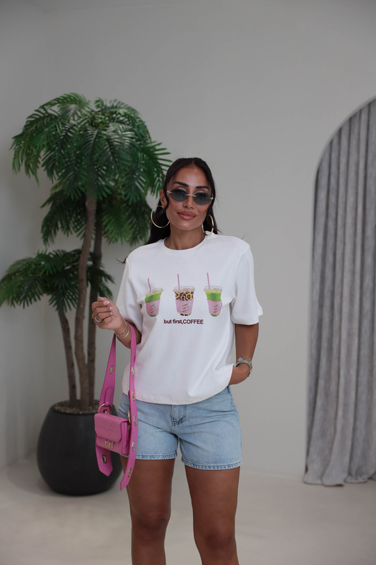 8524 Dijital Baskılı Taşlı Tshirt EKRU