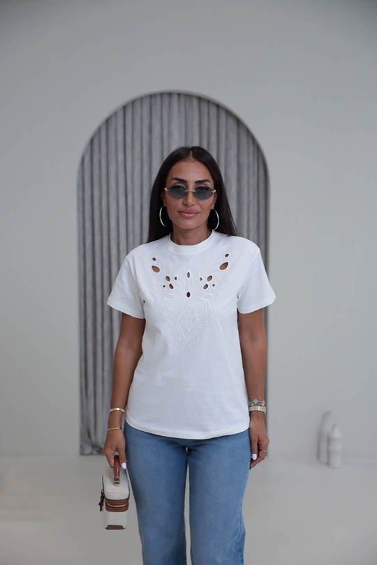 1102 Nakış Detaylı Tshirt BEYAZ