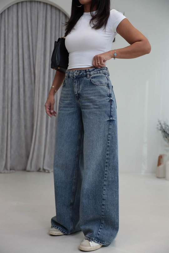 1020 Dikiş Detaylı Wide Leg Denim Pantolon AÇIK MAVİ