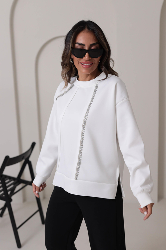 5368 Taş İşlemeli Scuba Kumaş Sweatshirt