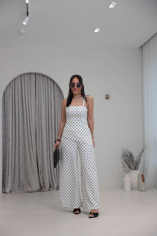 4161 Puantiyeli Askılı Bluz Pantolon Takım EKRU