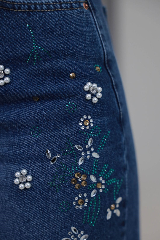 1071 Çiçek Motifli Renkli Taş İşlemeli Denim Pantolon KOYU MAVİ