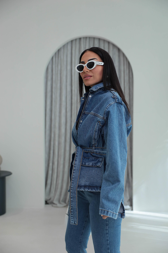 0568 Apoletli Kuşaklı Denim Ceket MAVİ