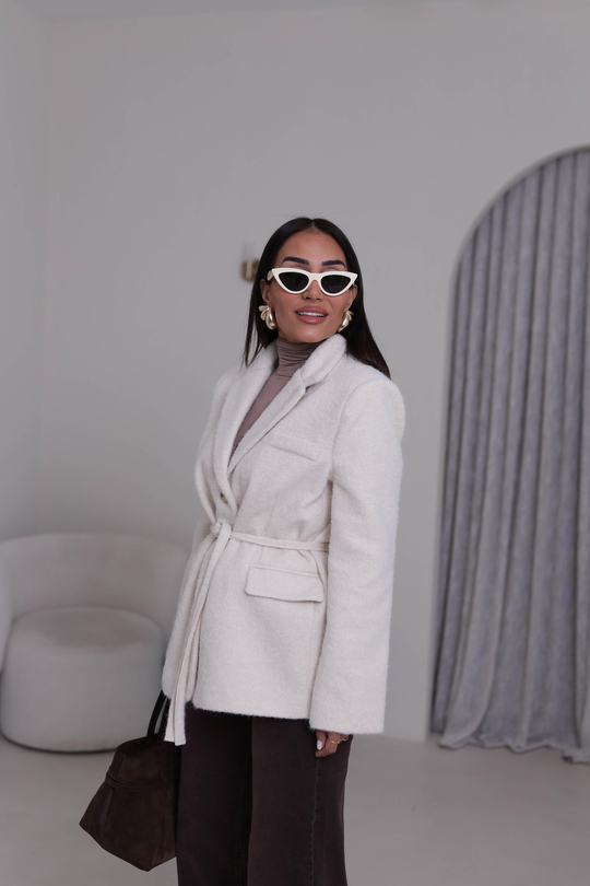 7368 Kuşak Detaylı Blazer Kaşe Ceket EKRU