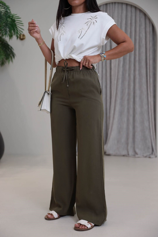 Tencel Kumaş Bol Paça Pantolon HAKİ YEŞİL
