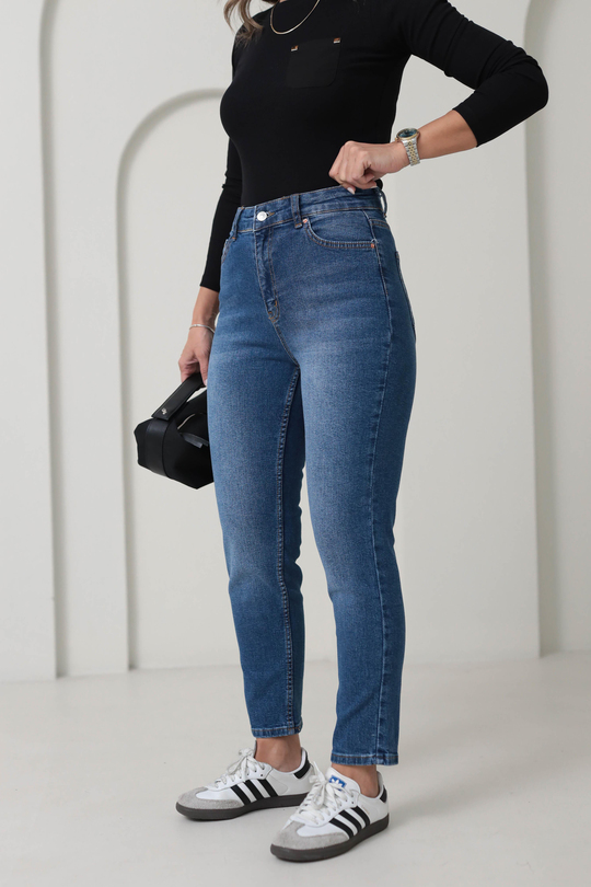 1002 Mom Fit Likralı Jean MAVİ