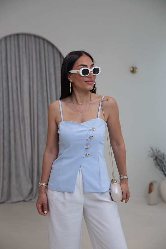 8452 Ayarlanabilir Askılı Gold Düğmeli Tasarım Korsaj Bluz BEBE MAVİ