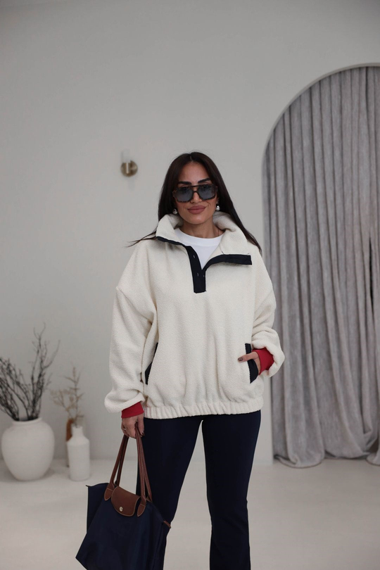4241 Paraşüt Garnili Cepli Teddy Peluş Sweatshirt BEJ