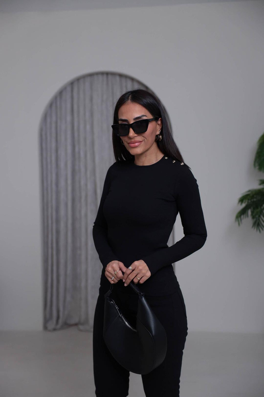 7245 Omzu Düğmeli Fitilli Bluz SİYAH