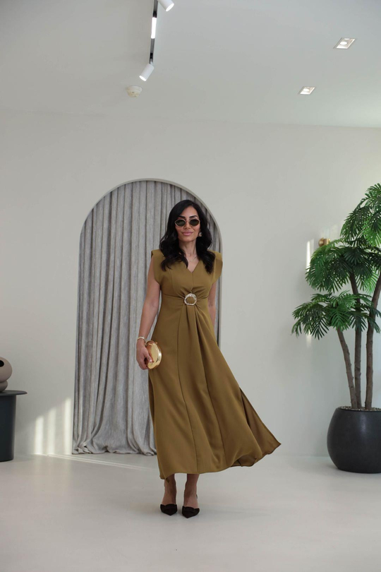 3865 V Yaka Gold Tokalı Maxi Elbise OLİVE