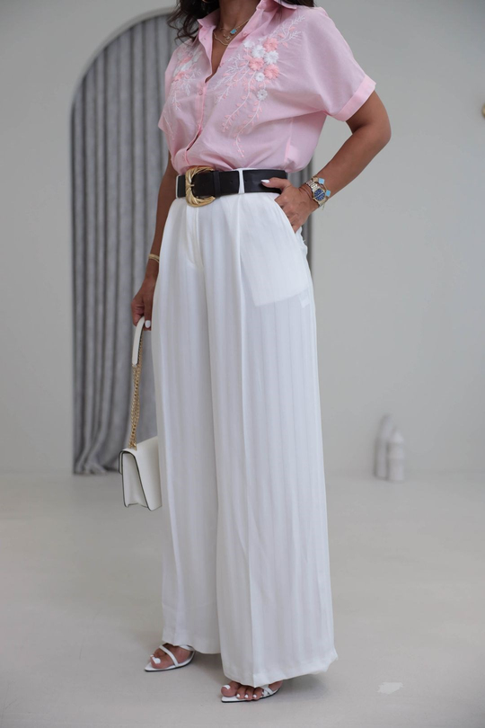8490 Kemerli Dokulu Tencel Palazzo Pantolon EKRU