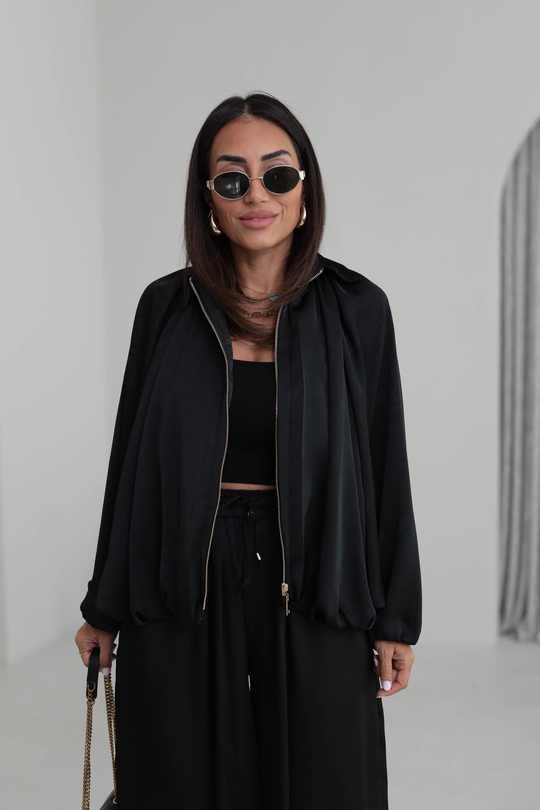 9584 Kendinden Desenli Saten Bomber Ceket SİYAH