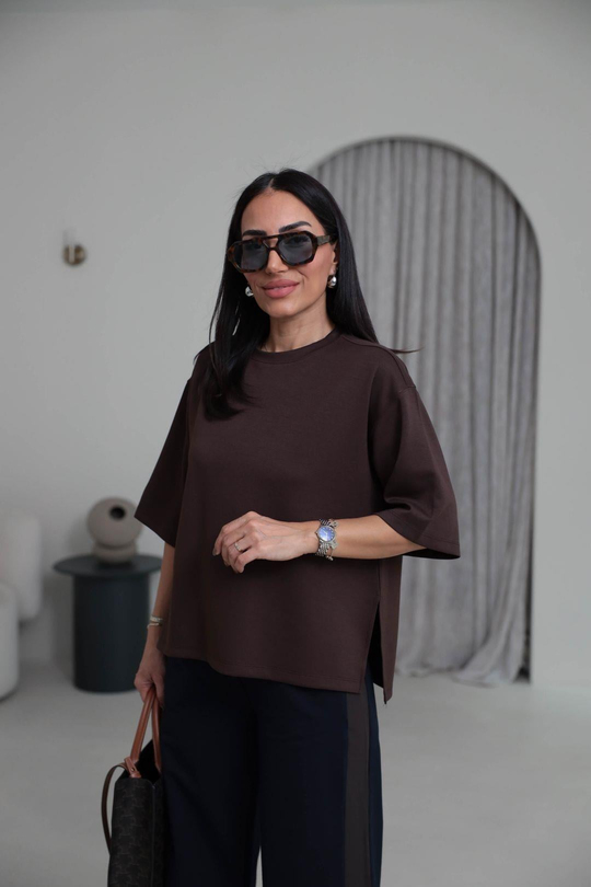 1066 Yanları Yırtmaçlı Bisiklet Yaka Modal Tshirt ACI KAHVE