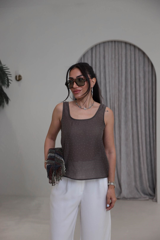 8241 Kalın Askılı Serpme Taşlı Tencel Atlet KAHVE
