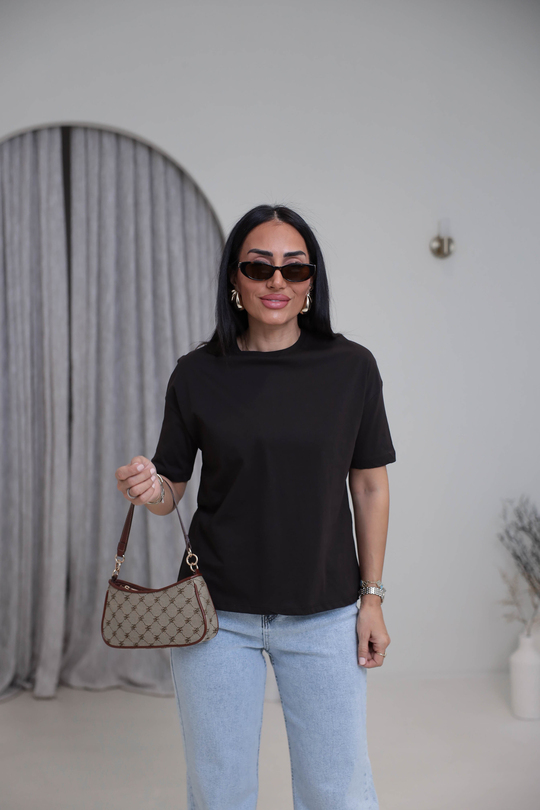 3683Y Bisiklet Yaka Pamuklu Basic Tshirt KOYU KAHVE