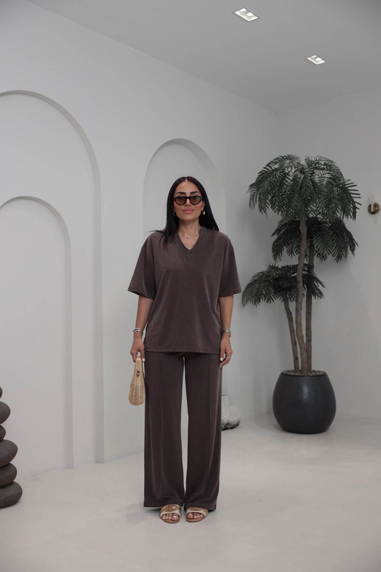 7342 Yırtmaçlı V Yaka Modal Tshirt & Çimalı Pantolon Takım KAHVE