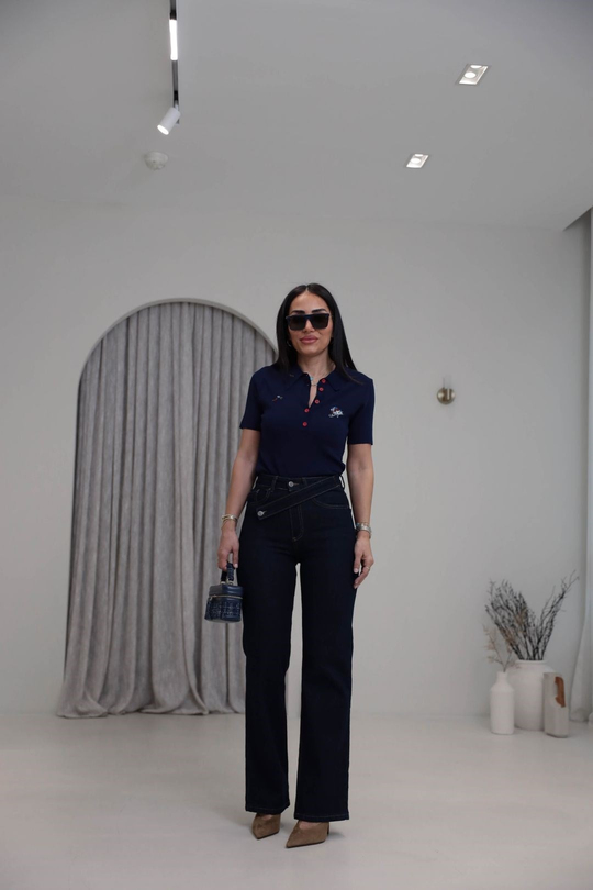 1035 Asimetrik Kemerli Denim Pantolon LACİVERT