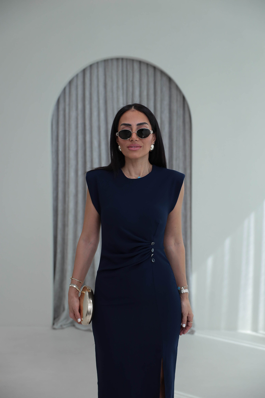 3870 Sıfır Kol Vatkalı Drapeli Elbise LACİVERT