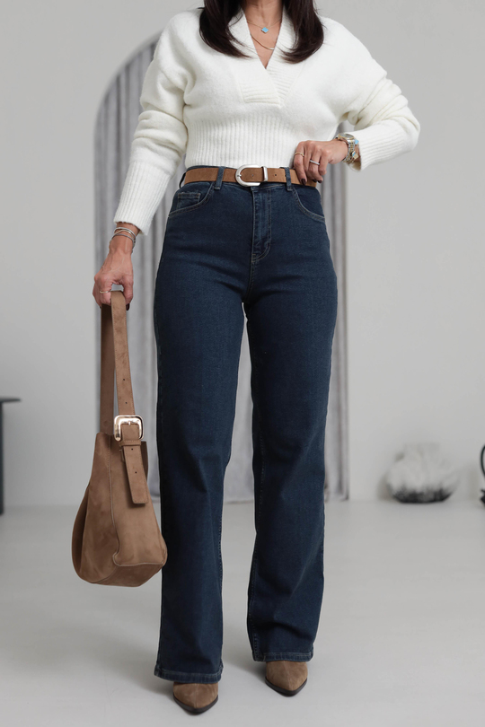 D-881 Yüksek Bel Kemerli Wide Leg Jean KOYU MAVİ