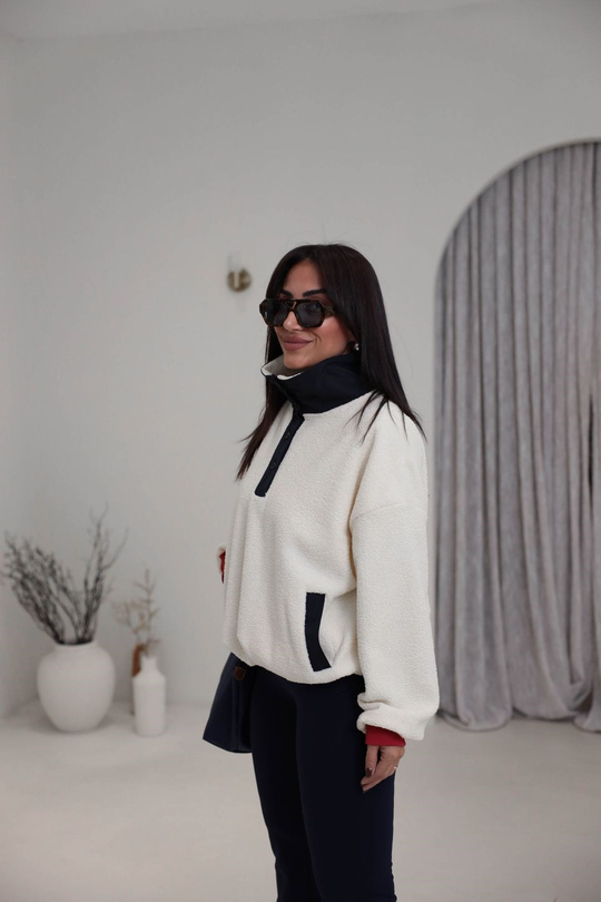 4241 Paraşüt Garnili Cepli Teddy Peluş Sweatshirt BEJ