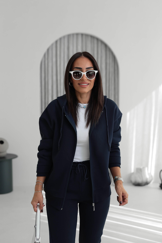 7316 Kapşonlu Fermuarlı Şardonlu Sweatshirt LACİVERT