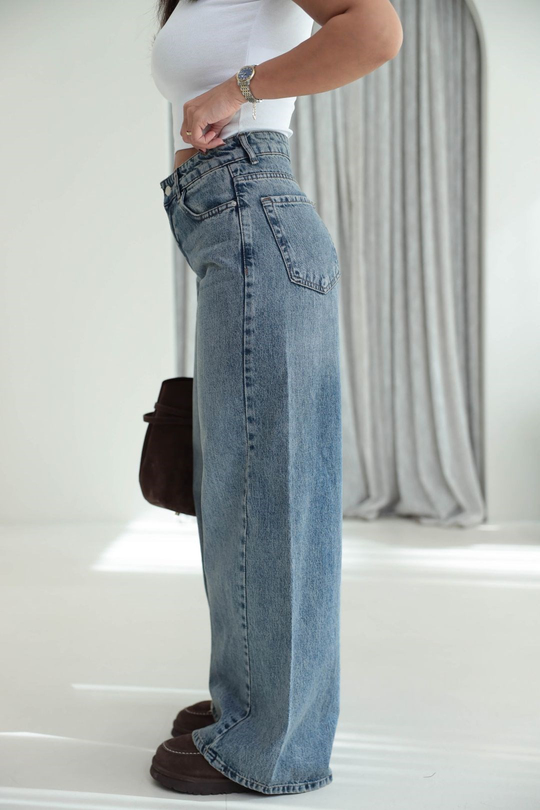 1020 Renk Yıkama Detaylı Wide Leg Denim Pantolon TİNTLİ MAVİ