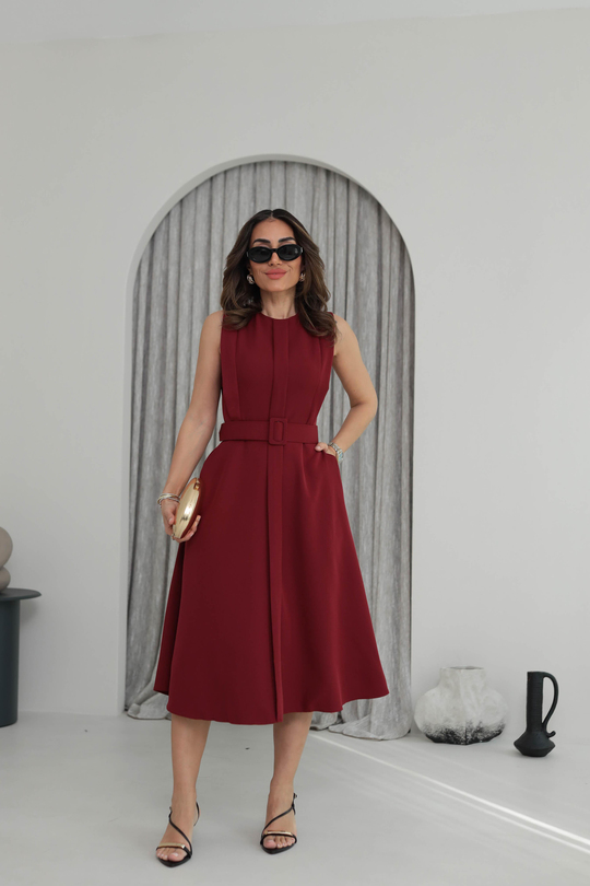 3715 A Kesim Sıfır Kol Kemerli Midi Elbise BORDO