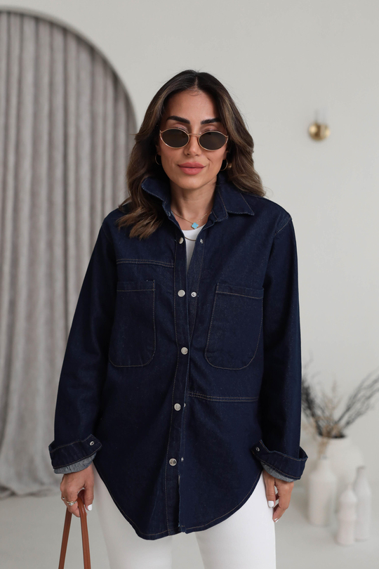 6016 Cep Detaylı Çıtçıtlı Denim Ceket KOYU LACİ