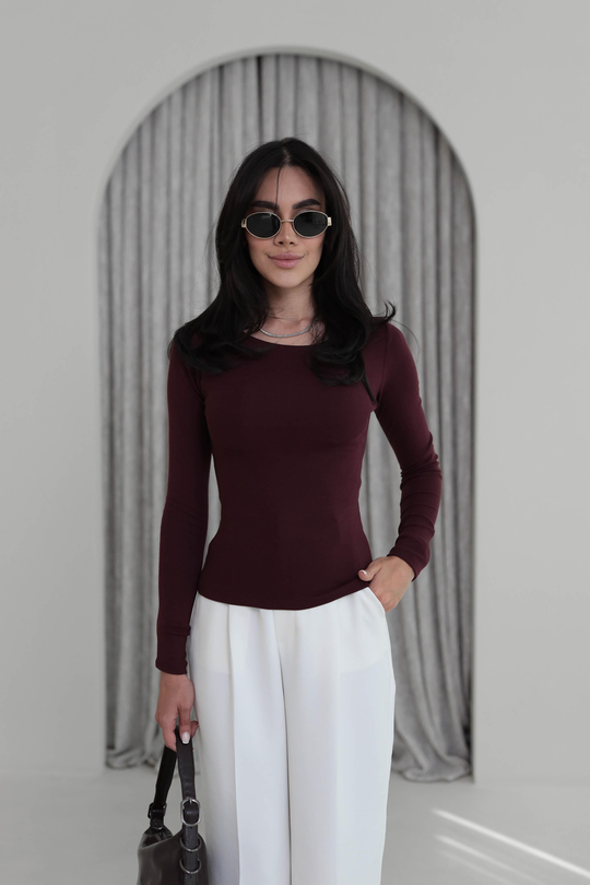 1332 Kayık Yaka Uzun Kollu Bluz BORDO