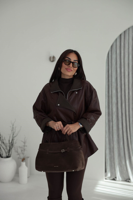 9841 Ekose Detaylı Kuşaklı Aura Deri Ceket BORDO