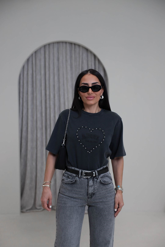 8112 Kalp Nakışlı Taşlı Bisiklet Yaka Tshirt ANTRASİT