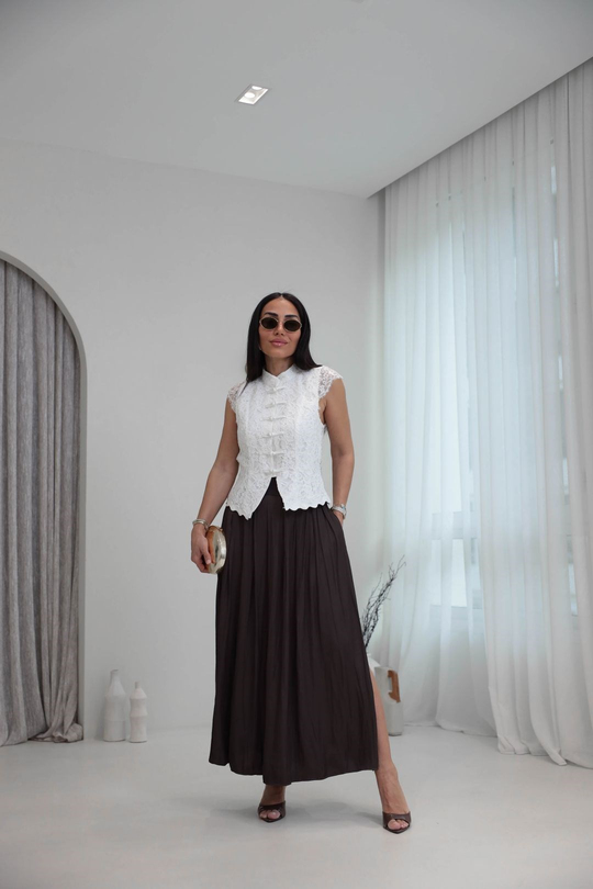 8120 Pileli Maxi Tok Saten Etek KAHVE