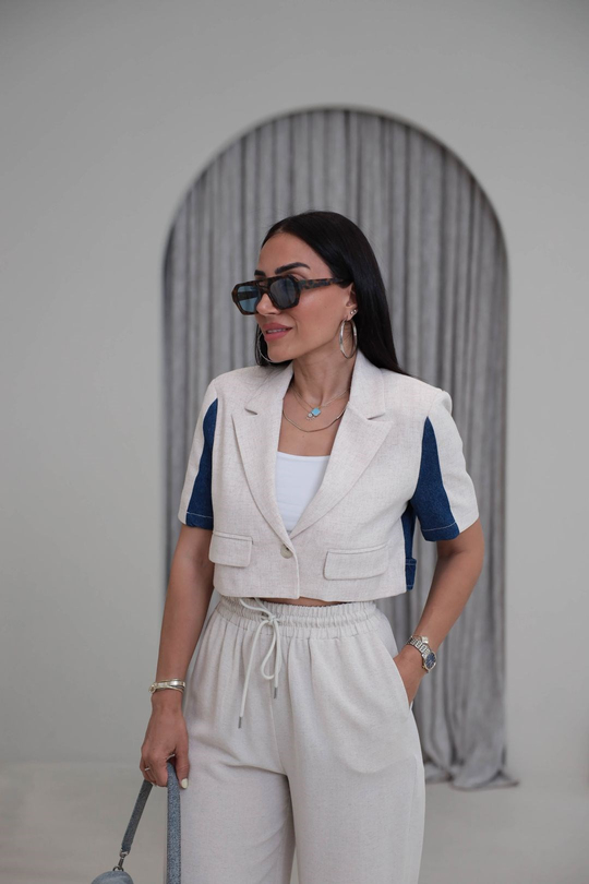 1408 Keten Ve Kot Mix Kısa Ceket NATURAL