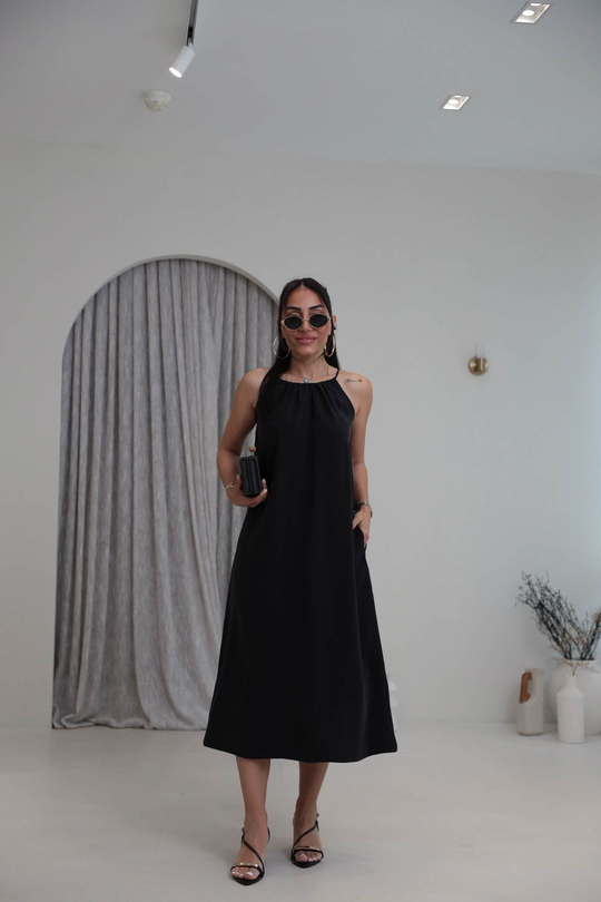 1106C İpli Halter Yaka Cepli Tencel Elbise SİYAH