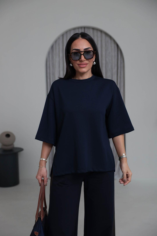 1066 Yanları Yırtmaçlı Bisiklet Yaka Modal Tshirt LACİVERT